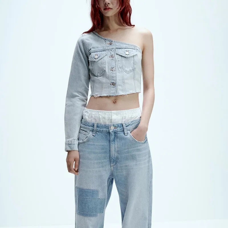 ZARA Crop Tops Women's Blue-2