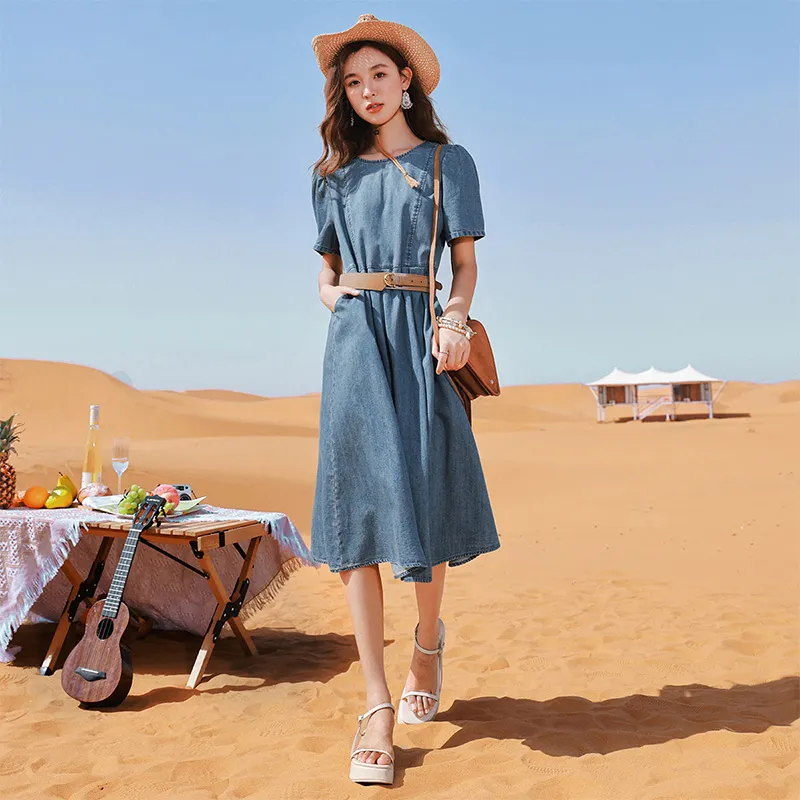 XIANGYING Short Sleeved Dresses Women's Blue-1