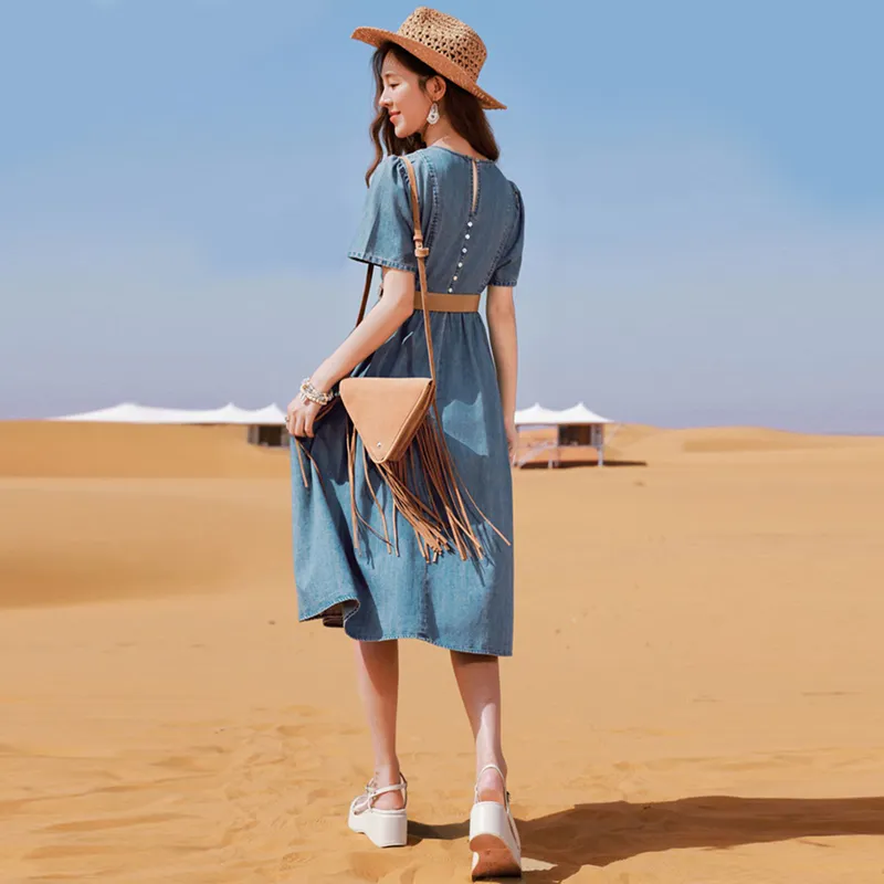 XIANGYING Short Sleeved Dresses Women's Blue-2