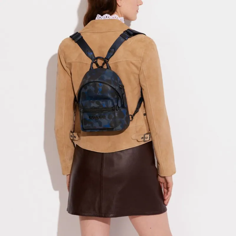 COACH Charter Textured Leather Backpack Small Size Women's Blue & Marine Blue-4