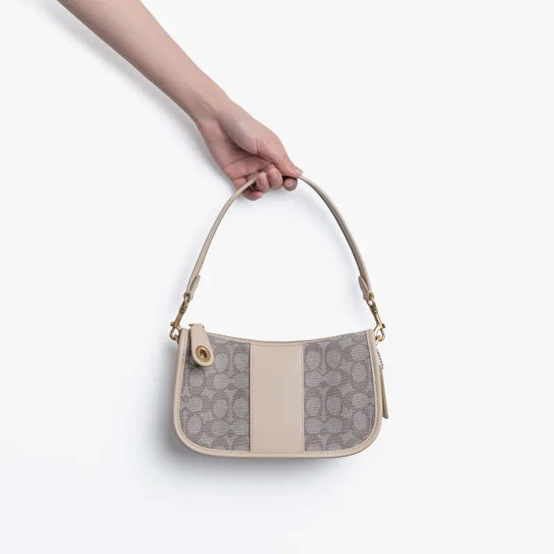 COACH Swinger Fabric With Leather Shoulder Bag Crossbody Bag Handbag Medium Size Women's White & Gray Monogram-4