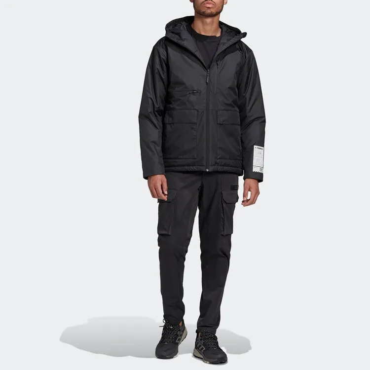 Adidas Solid Color Hooded Puffer Jacket Men's Black-4
