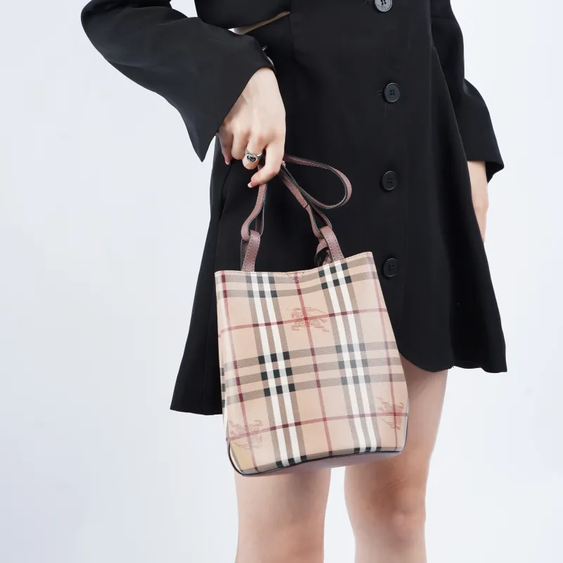 Burberry Small Lorne Haymarket Check Bucket Bag Light Elderberry-7