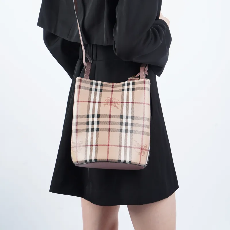 Burberry Small Lorne Haymarket Check Bucket Bag Light Elderberry-9