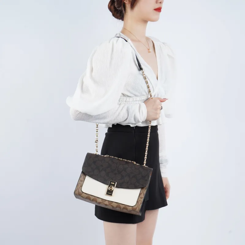 COACH Lane Coated Canvas With Leather Portable Crossbody Bag Shoulder Bag Medium Size Women's Brown White-3