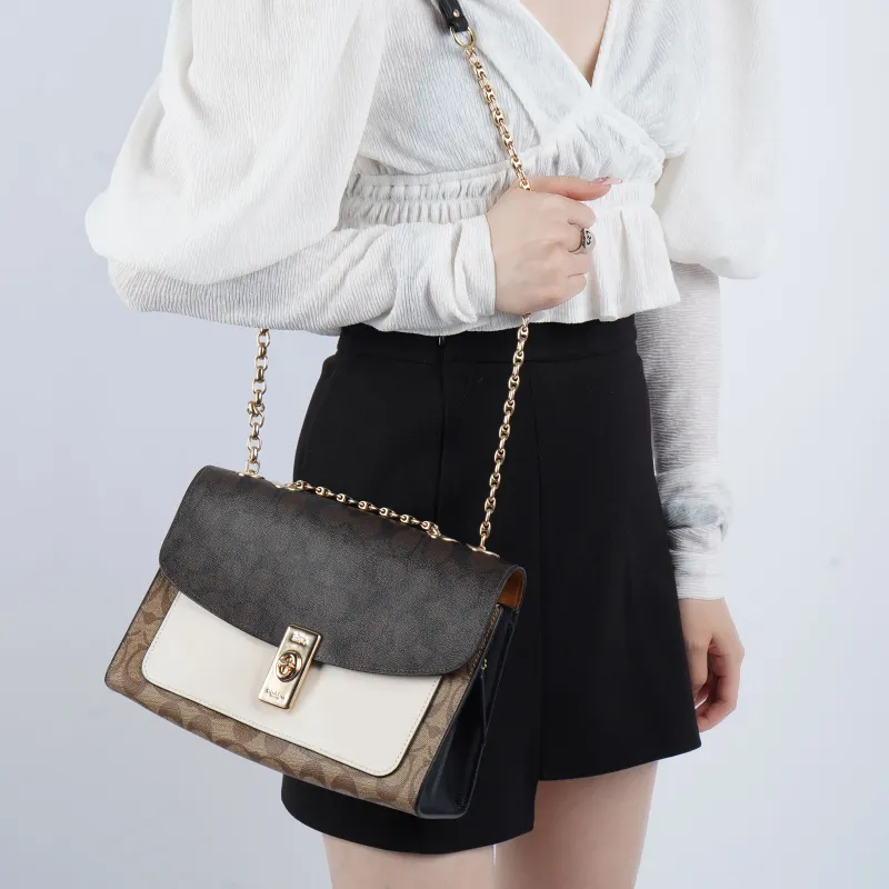COACH Lane Coated Canvas With Leather Portable Crossbody Bag Shoulder Bag Medium Size Women's Brown White-4