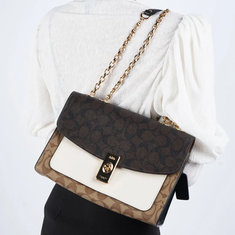 COACH Lane Coated Canvas With Leather Portable Crossbody Bag Shoulder Bag Medium Size Women's Brown White-5