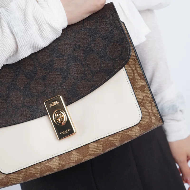 COACH Lane Coated Canvas With Leather Portable Crossbody Bag Shoulder Bag Medium Size Women's Brown White-7