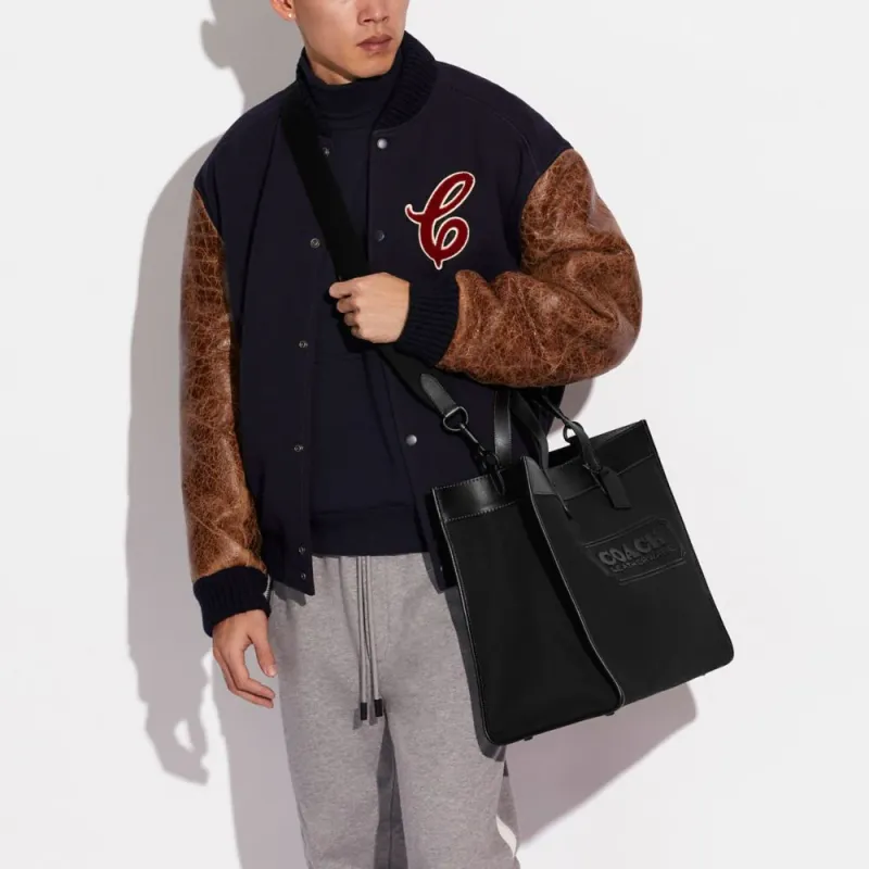 COACH Field Canvas With Leather Tote Bag, Shopping Bag, Handbag, Crossbody Bag Large Size Unisex Black-4