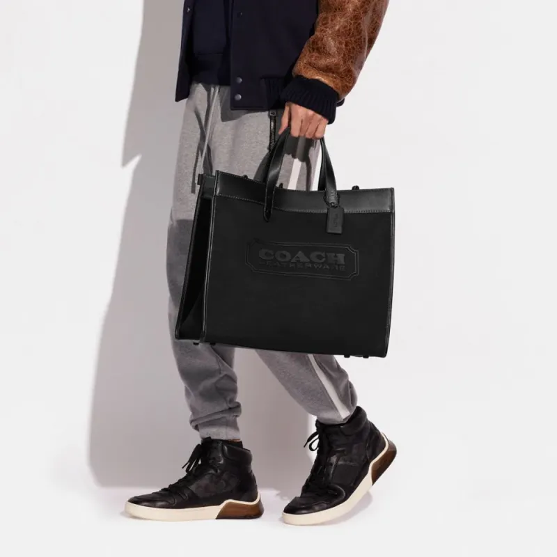 COACH Field Canvas With Leather Tote Bag, Shopping Bag, Handbag, Crossbody Bag Large Size Unisex Black-5