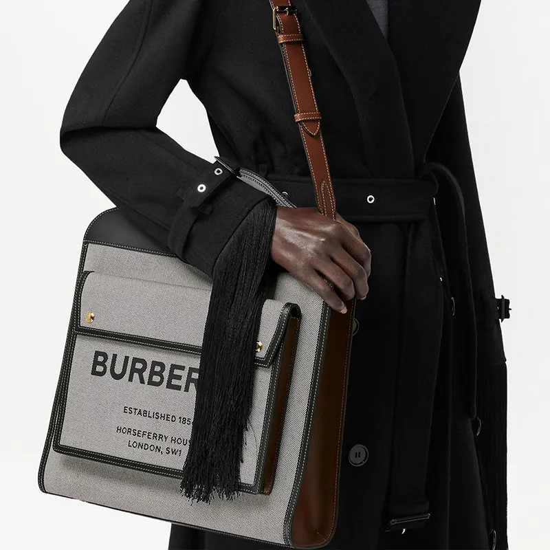 Burberry Pocket Bag Canvas With Leather Canvas Bag Shoulder Bag Crossbody Bag Handbag Medium Size Women's Black/Umber-5
