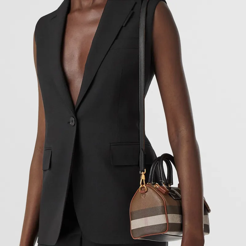 Burberry Check And Leather Bowling Bag Mini Dark Birch Brown-8