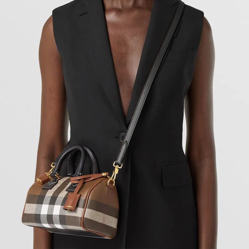 Burberry Check And Leather Bowling Bag Mini Dark Birch Brown-6
