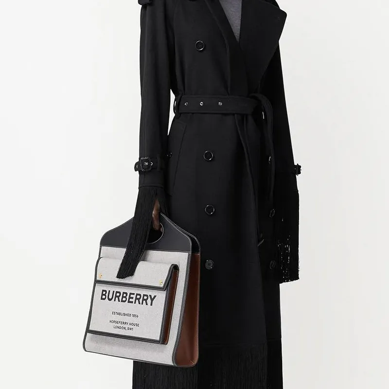 Burberry Pocket Bag Canvas With Leather Canvas Bag Shoulder Bag Crossbody Bag Handbag Medium Size Women's Black/Umber-4