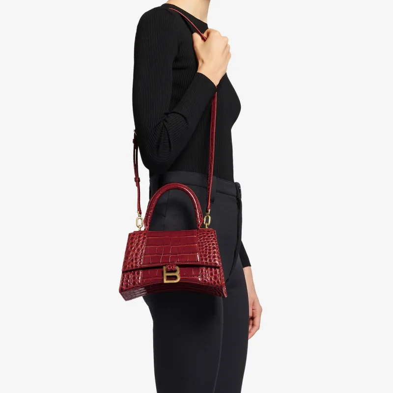 Balenciaga Hourglass Top Handle Bag Small Crocodile Embossed Dark Red-6