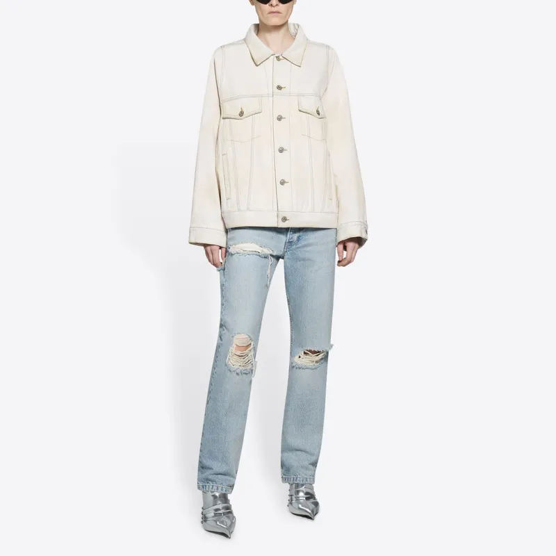 Balenciaga Drop Shoulder Oversized Sleeve Denim Jacket Light Beige-4