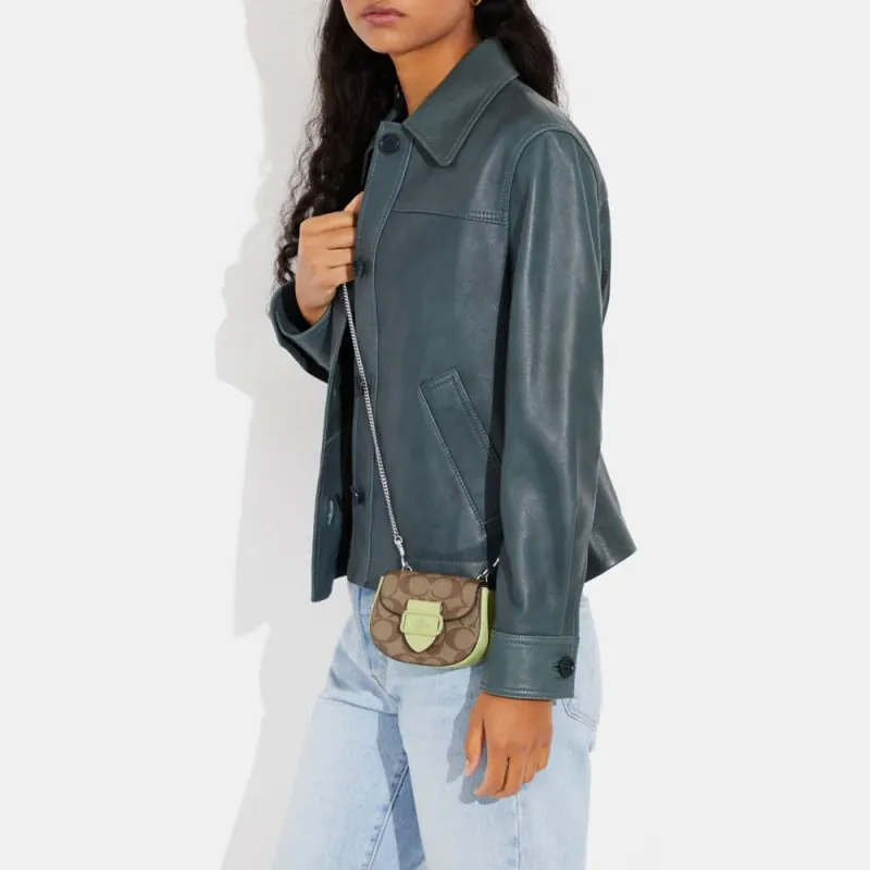 COACH Morgan Leather Saddle Bag, Crossbody Bag, Shoulder Bag Women's Brown & Light Lime-3