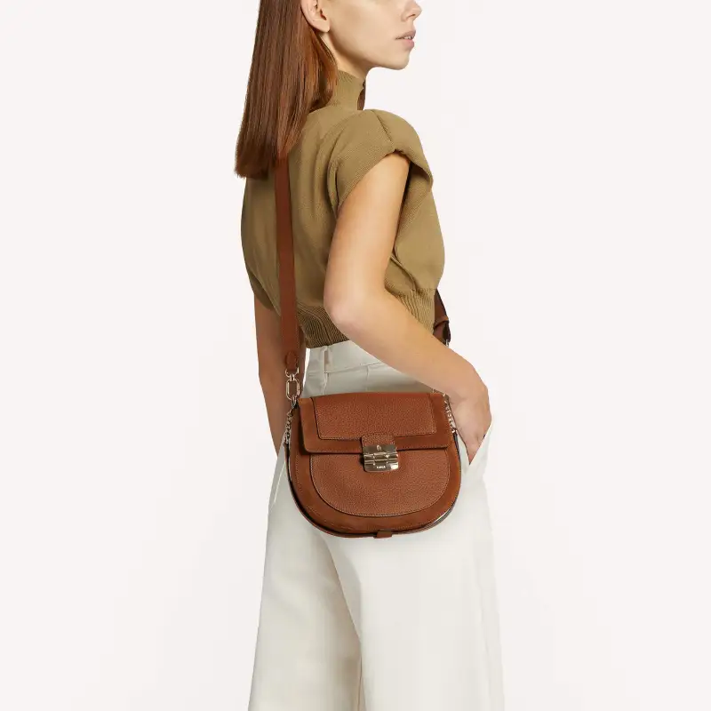 Furla Club 2 Grain Calfskin With Suede Saddle Bag, Crossbody Bag, Shoulder Bag Trumpets Women's Brown-4