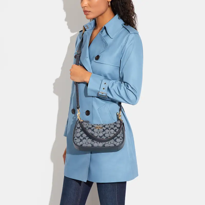 COACH Teri Fabric With Cow Leather Shoulder Bag, Handbag, Shoulder Bag Medium Size Women's Denim Blue-3