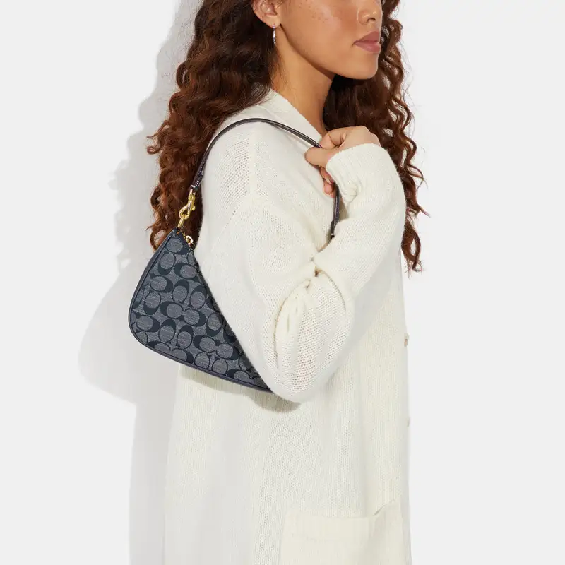 COACH Teri Fabric With Cow Leather Shoulder Bag, Handbag, Shoulder Bag Medium Size Women's Denim Blue-4