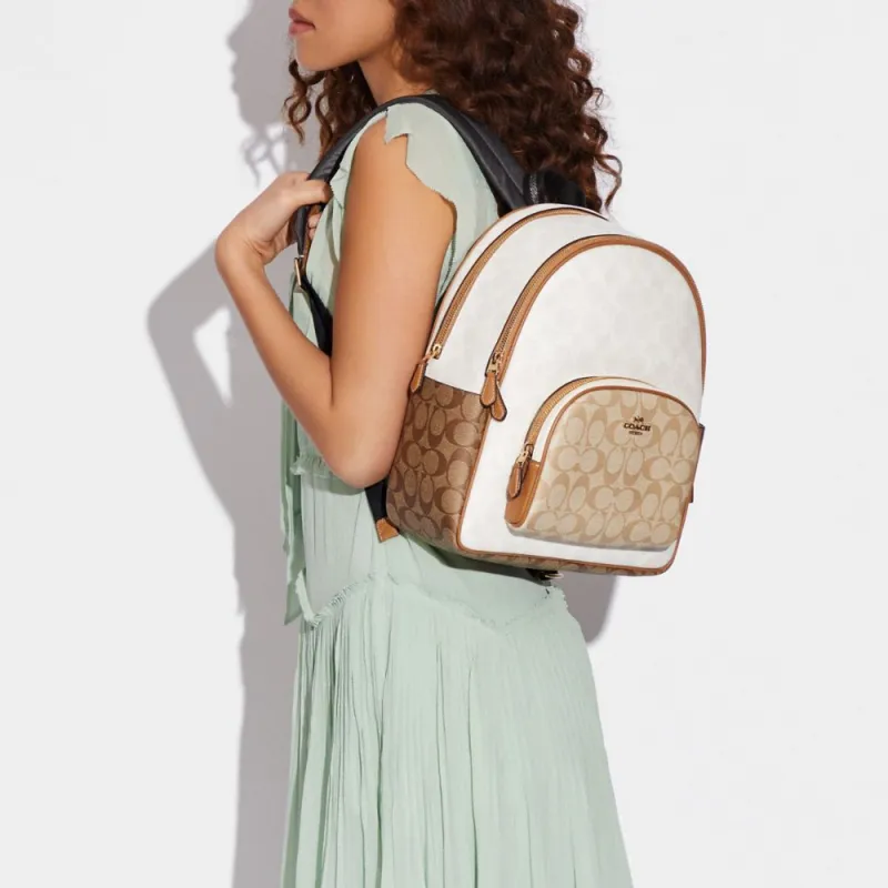 COACH Court Canvas With Leather And Pebbled Leather Backpack Tubas Women's White Khaki Brown-3