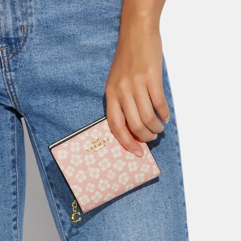 COACH Snap Wallet Smooth Leather Card Holder, Coin Pocket, Wallet Mini Women's Pink & White-5