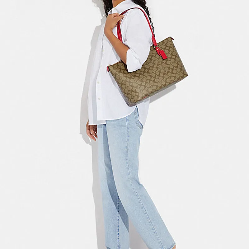 COACH Gallery PVC Tote Bag Shopping Bag Handbag Shoulder Bag Women's Khaki Red Multicolor-3