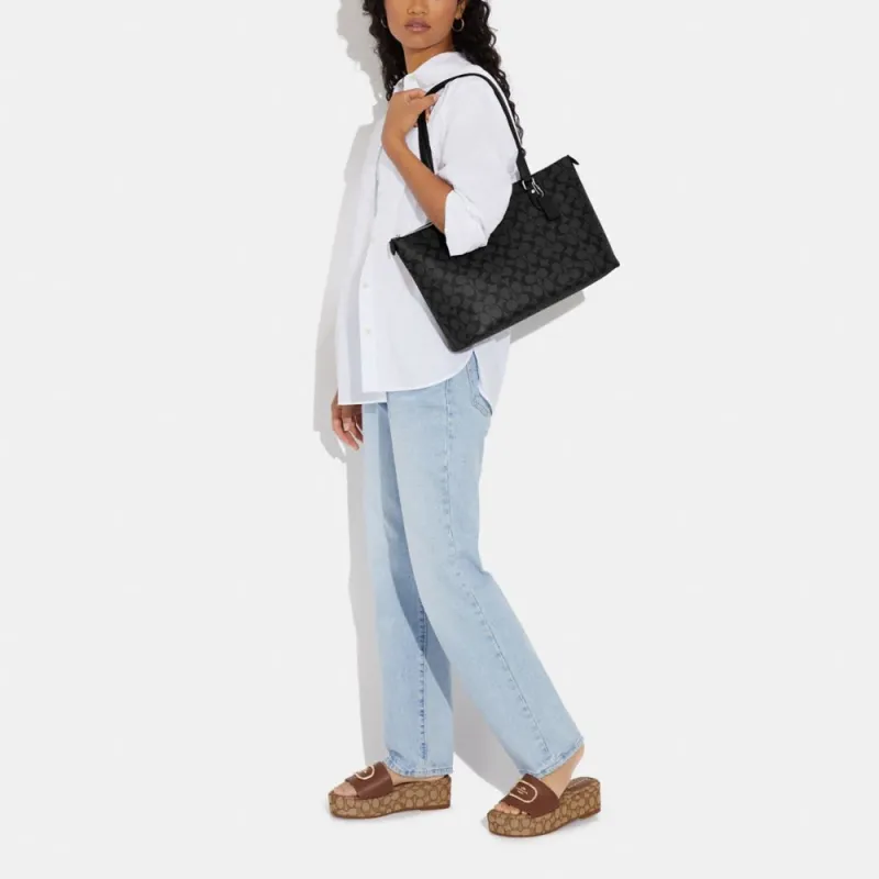 COACH Gallery Canvas With Leather Tote Bag, Shopping Bag, One Shoulder Bag Tubas Women's Black-3