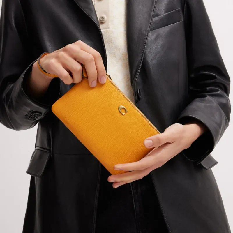 COACH Wristlet Leather Wrist Bag Clutch Women's Yellow-2