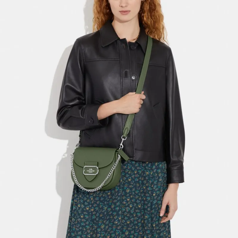 COACH Saddle Pebbled Leather Saddle Bags One Shoulder Handbags Medium Size Women's Green-4
