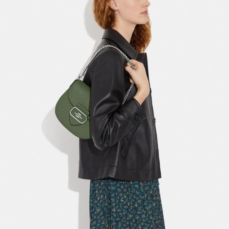 COACH Saddle Pebbled Leather Saddle Bags One Shoulder Handbags Medium Size Women's Green-3