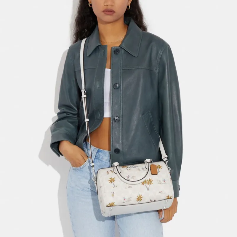 COACH Rowan Classic Jacquard Leather Boston Bag One Shoulder Handbags Medium Size Women's White-3