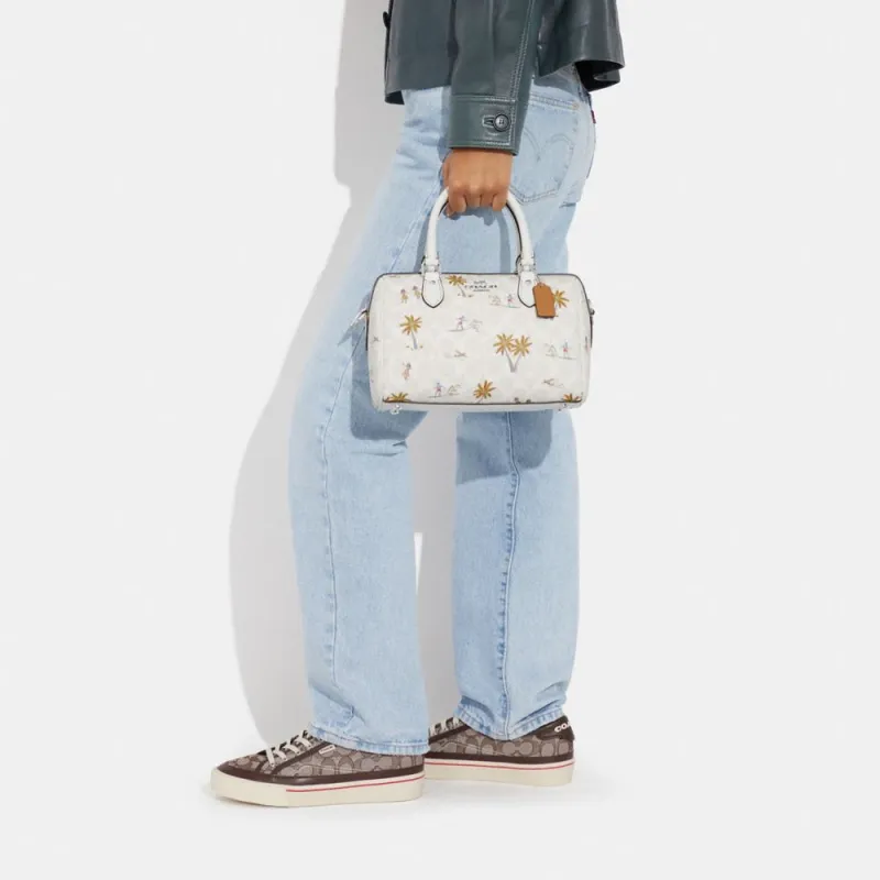 COACH Rowan Classic Jacquard Leather Boston Bag One Shoulder Handbags Medium Size Women's White-4