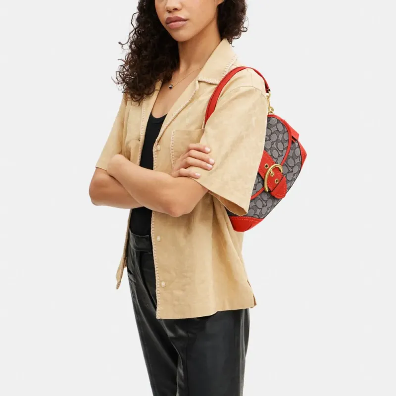 COACH Soho Jacquard Leather Crescent Bag, Shoulder Bag Tubas Women's Orange & Gray-4