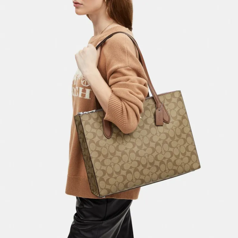 COACH Canvas With Leather Canvas Bag, Tote Bag, Shopping Bag, Handbag, Shoulder Bag Women's Light Brown-2
