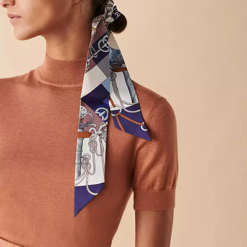 HERMES Silk Scarves Women's Marine Blue/White/Ice Umber-2