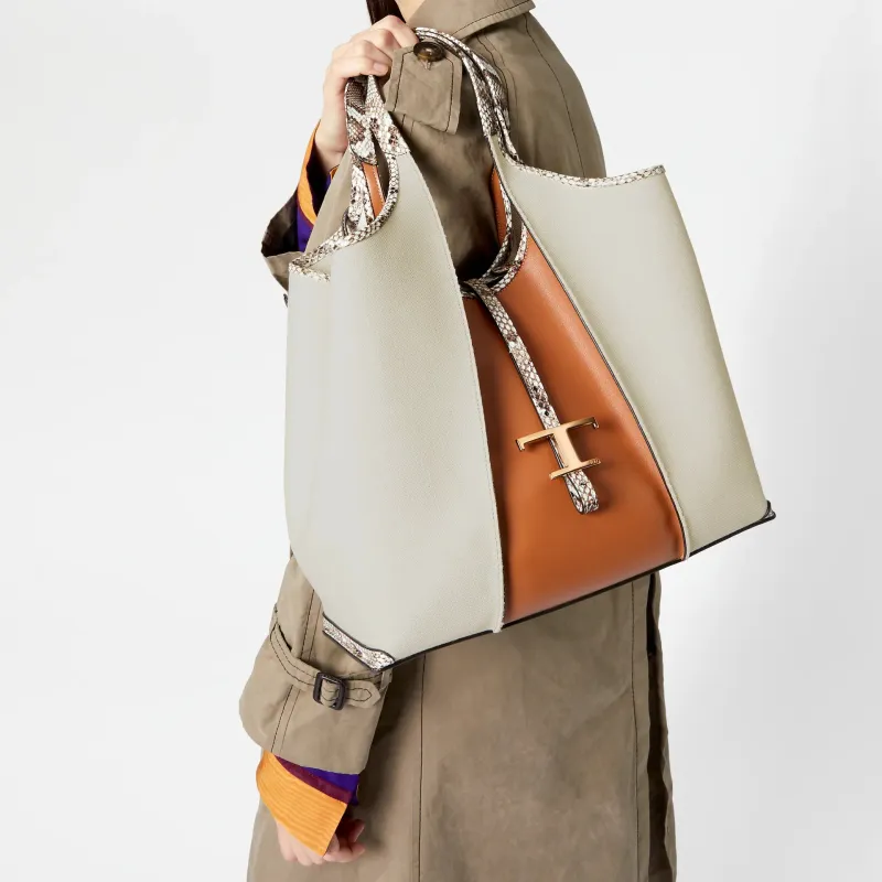 TOD'S Canvas With Leather Handbag Medium Size Women's Brown/Beige-4