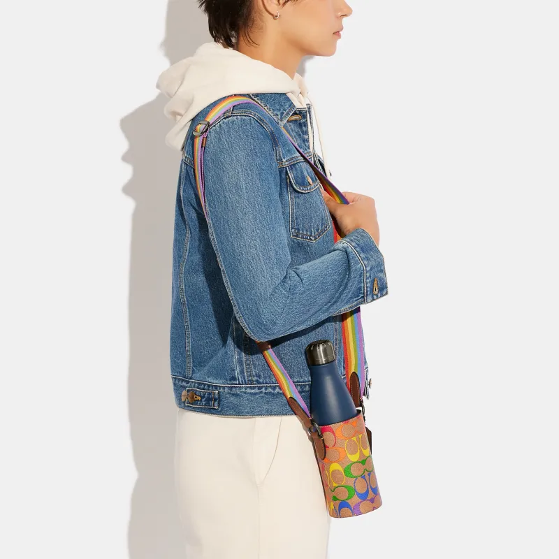 COACH Calfskin Water Bottle Shoulder Bag, Crossbody Bag Mini Women's Brown With Rainbow-5
