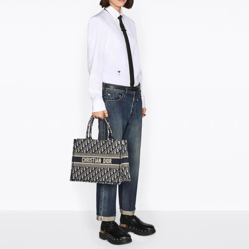 DIOR Embroidery Tote Bag Shopping Bag Shoulder Bag Handbag Medium Size Women's Black-5