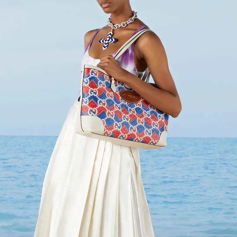 GUCCI Straw Fabric Tote Bag, Shopping Bag, Handbag, Shoulder Bag Women's Blue & Red-8