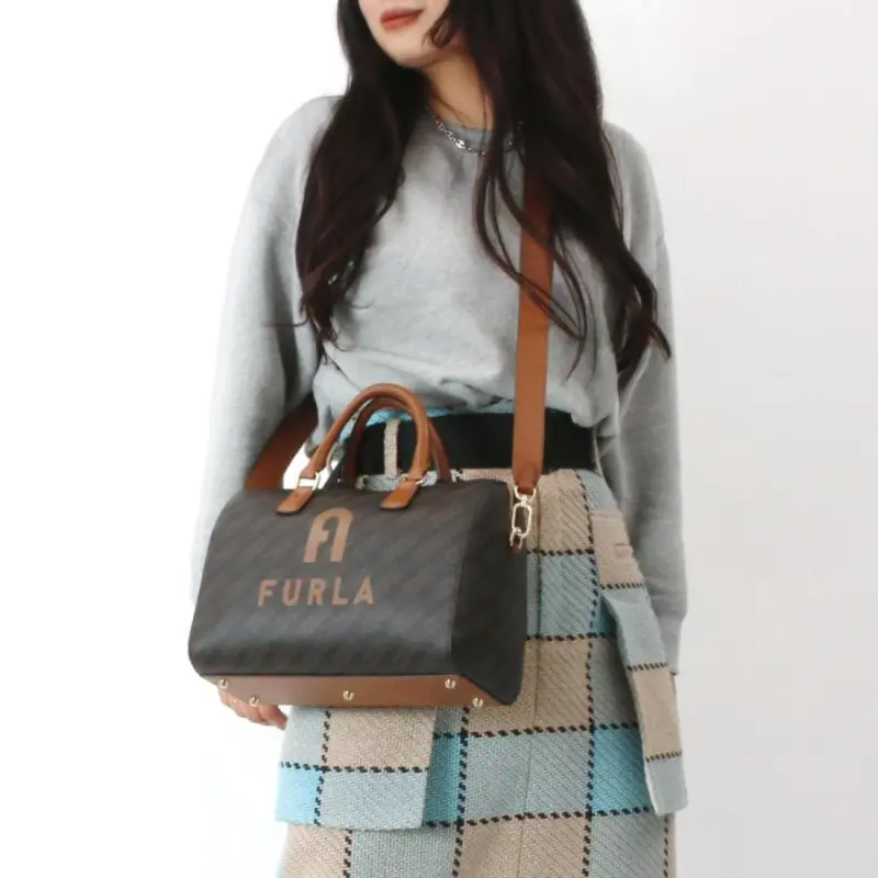 Furla Monogram Collection Leather Boston Bag Shoulder Bag Crossbody Bag Handbag Women's Coffee-4