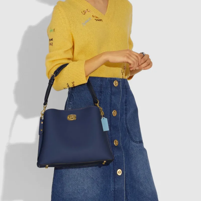 COACH Willow Pebbled Leather Handbag, Shoulder Bag, Crossbody Bag Tubas Women's Navy Blue-3