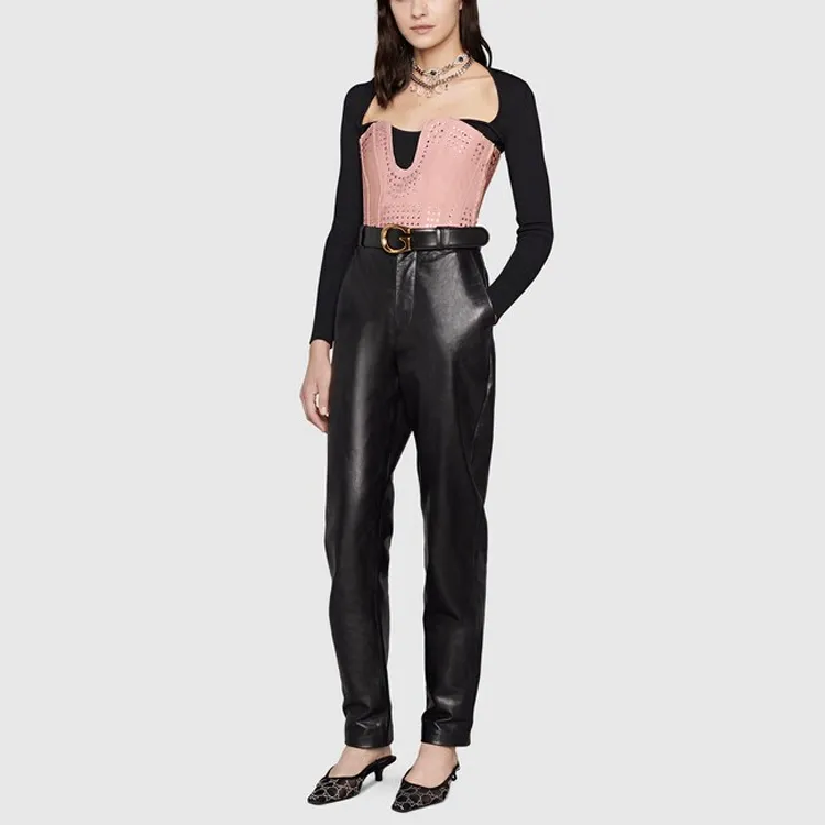 GUCCI Sweetheart Neck Ribbed Knit Sweater Black-3