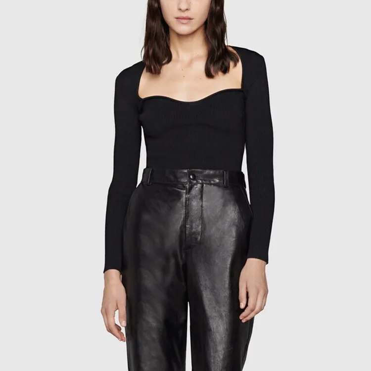GUCCI Sweetheart Neck Ribbed Knit Sweater Black-1