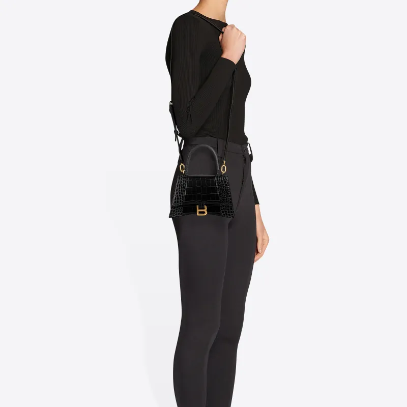 Balenciaga Crocodile Embossed Hourglass Top Handle Xs Black-5