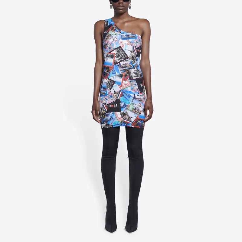 Balenciaga Women'ss Allover Cities Asymetric Mini Dress Grey/Blue/Multi-2
