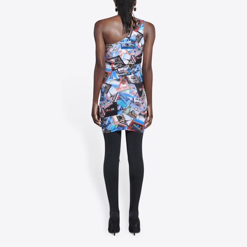 Balenciaga Women'ss Allover Cities Asymetric Mini Dress Grey/Blue/Multi-3