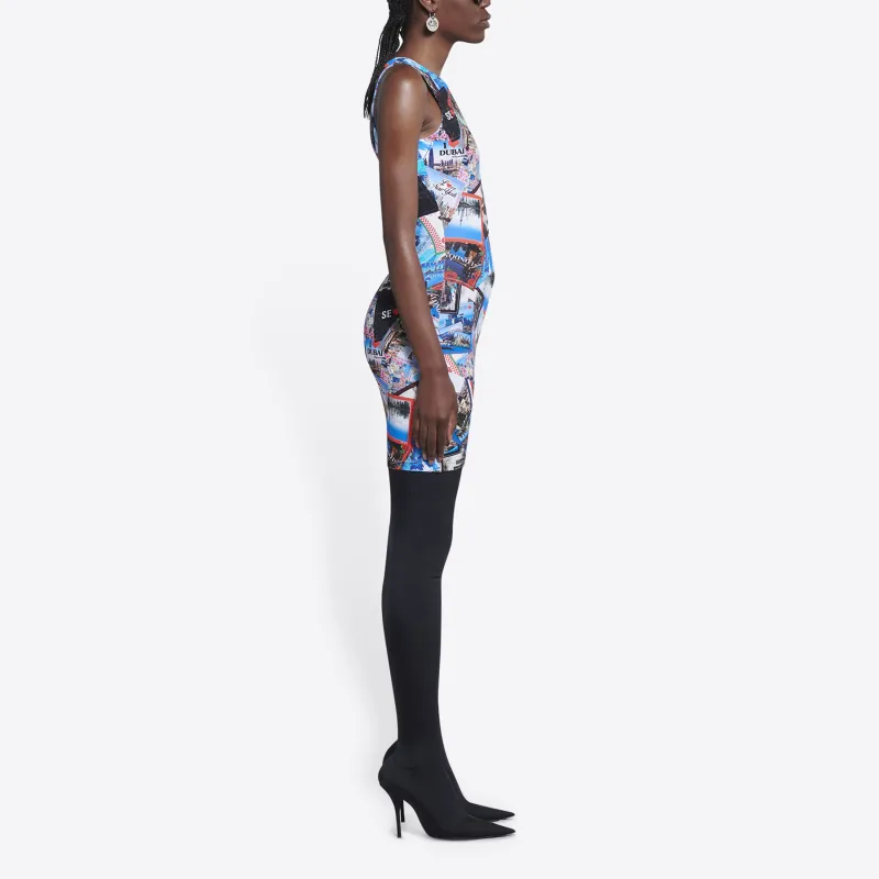 Balenciaga Women'ss Allover Cities Asymetric Mini Dress Grey/Blue/Multi-4