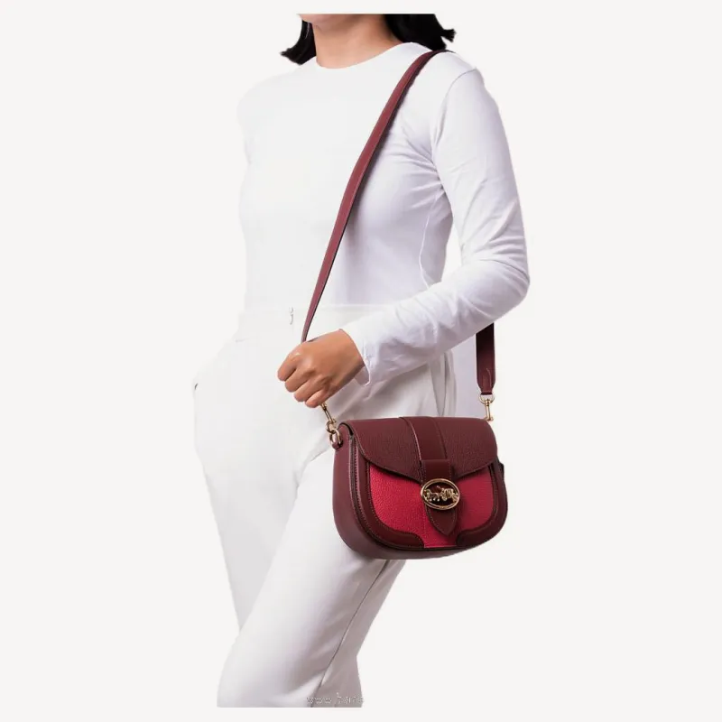 COACH Georgie Leather Bacchus Bag Saddle Bag Shoulder Bag Crossbody Bag Small Size Women's Pink & Red Brown-5