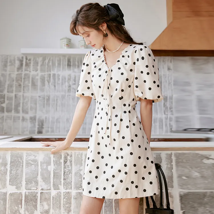 MISHOW Short Sleeved Dresses Women's Apricot Polka Dot-3